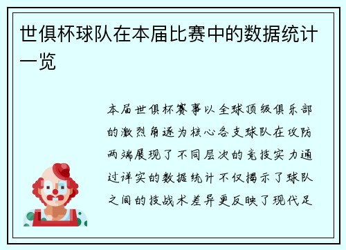世俱杯球队在本届比赛中的数据统计一览